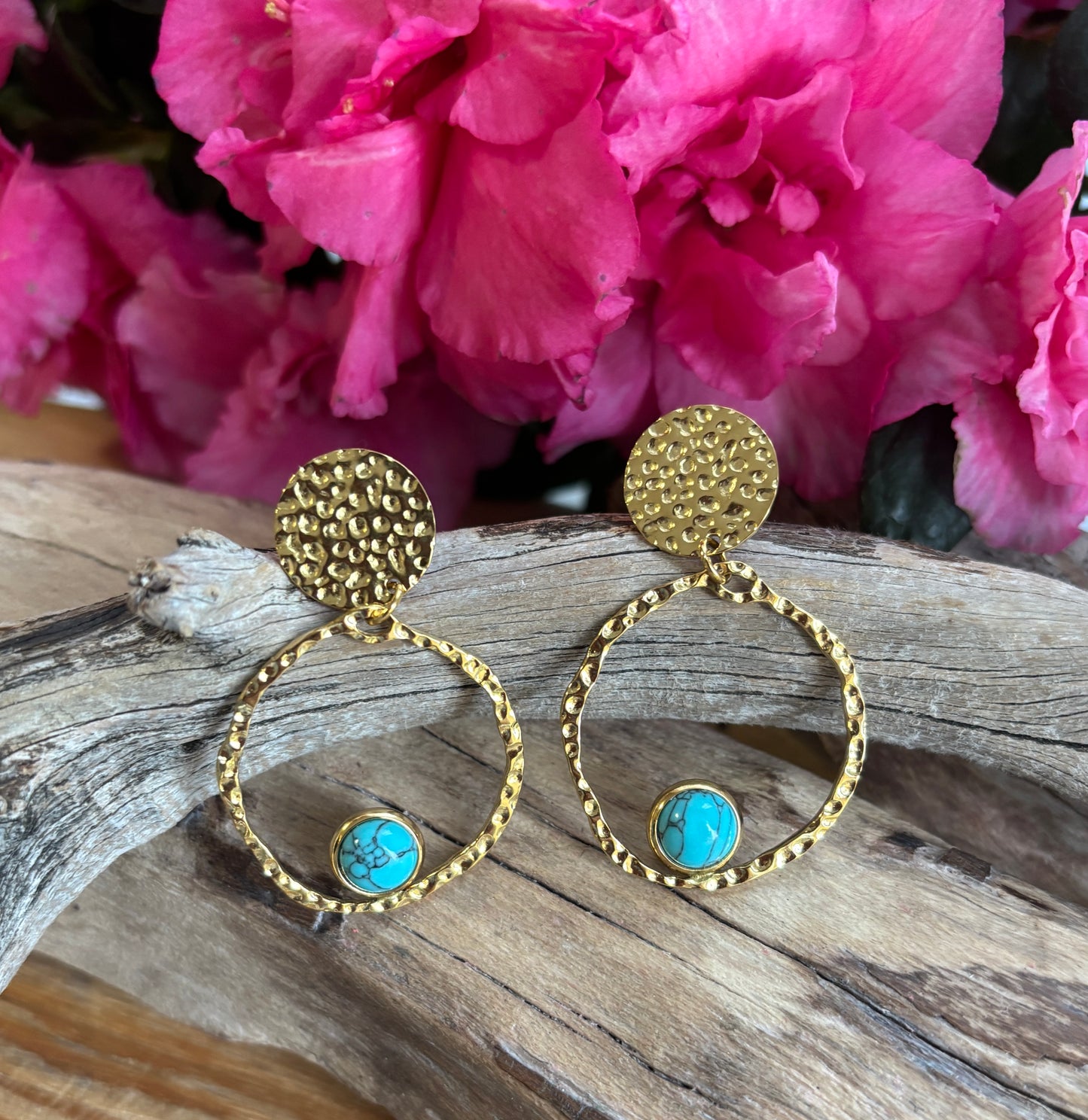 18ct Gold Plated Hammered Hoop Turquoise Earrings
