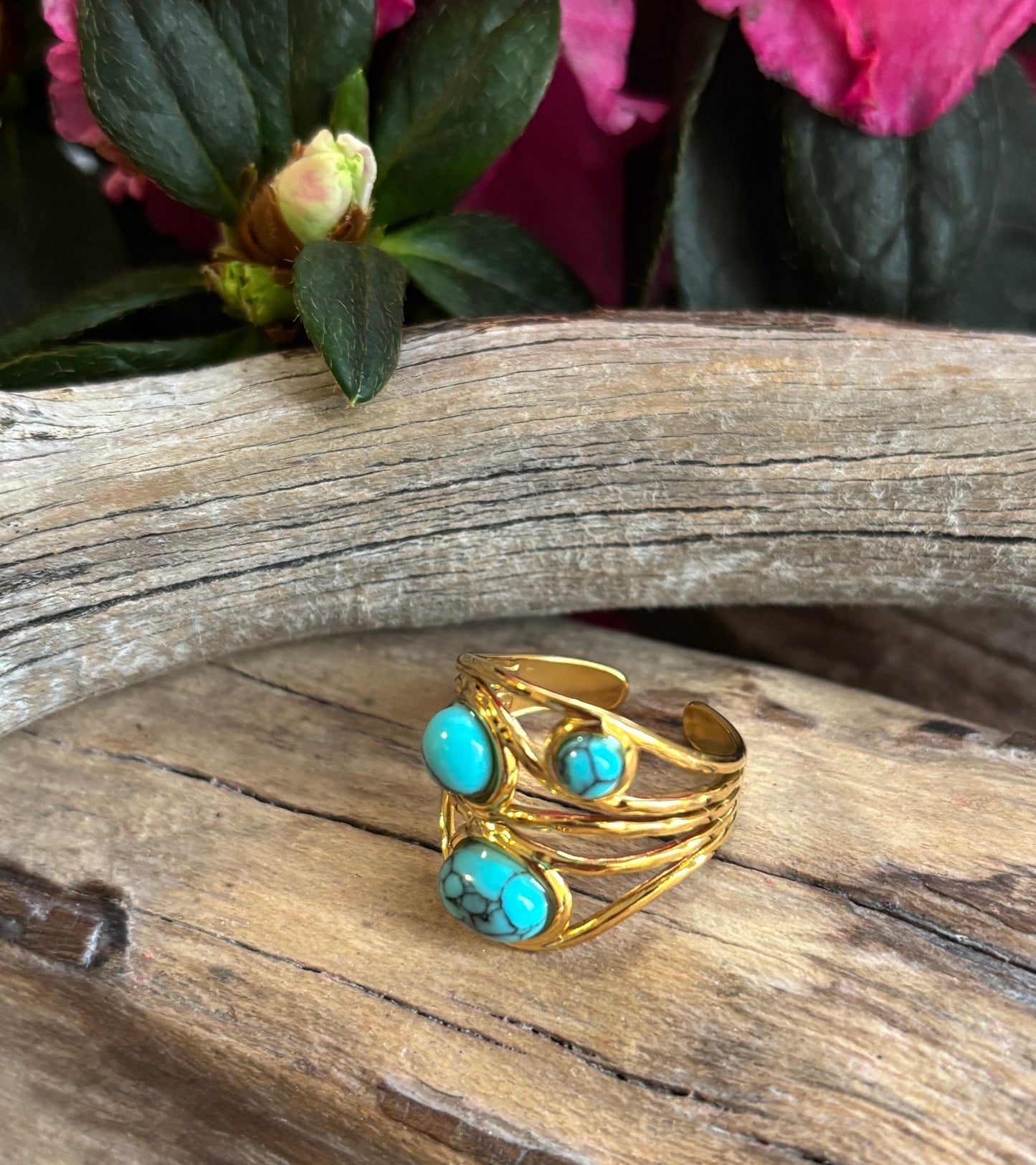 18ct Gold Plated Turquoise Multi Band Adjustable Ring 