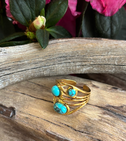 18ct Gold Plated Turquoise Multi Band Adjustable Ring 