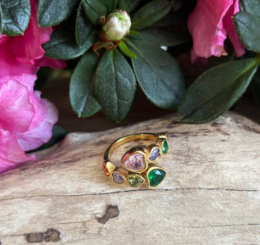 18ct Gold Plated Multi Coloured Faceted Heart Adjustable Ring   
