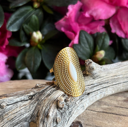18ct Gold Plated Adjustable White Jade Shield Ring