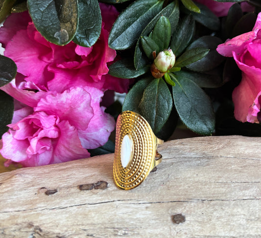 18ct Gold Plated Adjustable White Jade Shield Ring