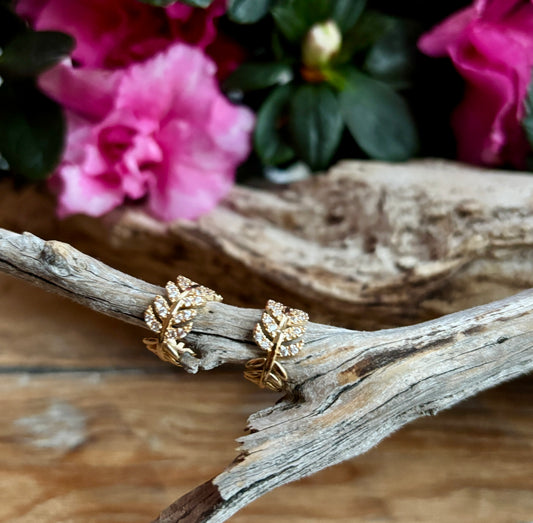 14ct Gold Plated Cubic Zirconia Leaf Huggie Earrings