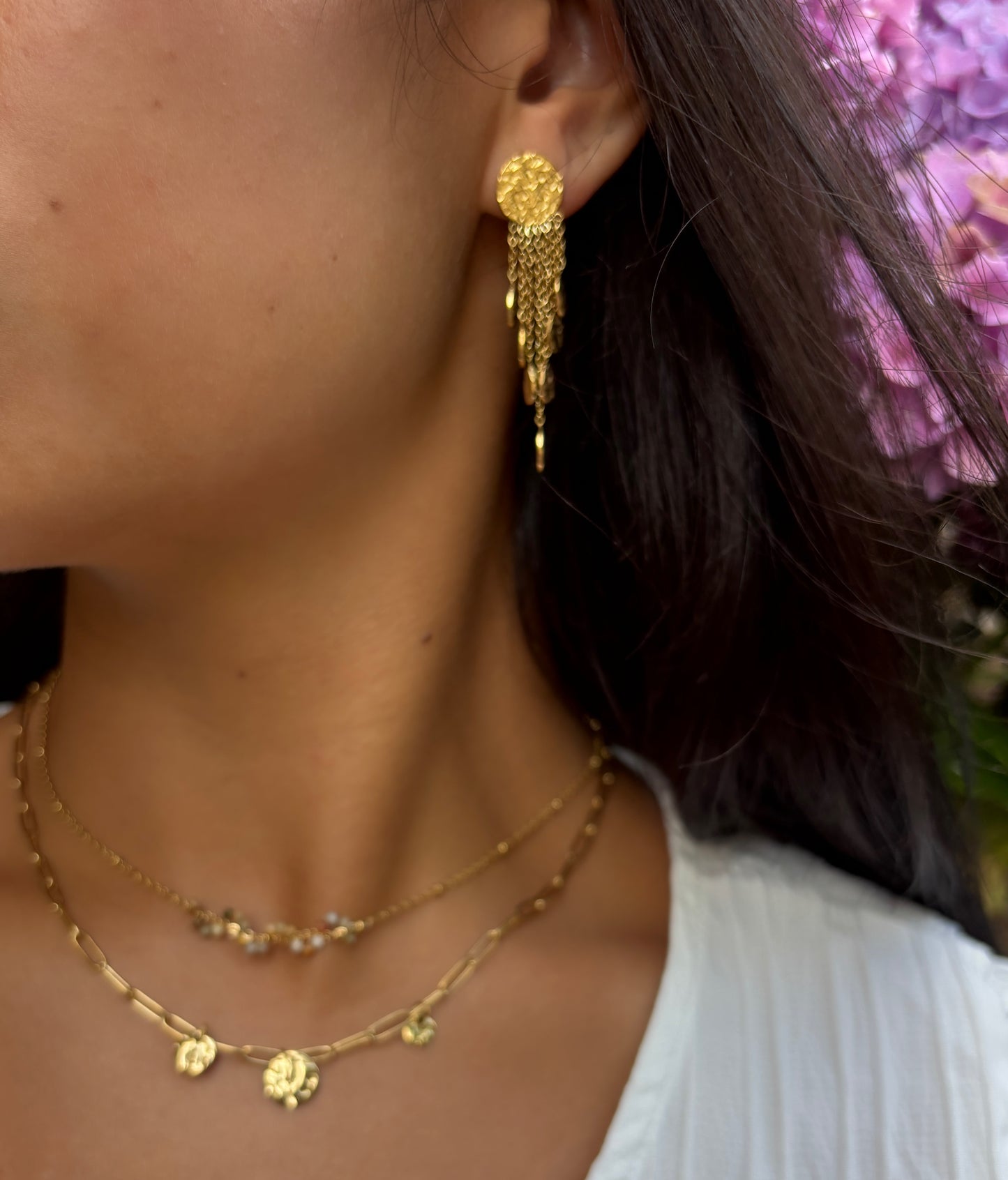 18ct Gold Plated Hammered Discs Dangle Earrings