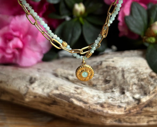 18ct Gold Plated Green Aventurine Gold Disc Bracelet  