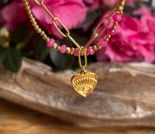 18ct Gold Plated Pink Quartz Evil Eye Heart Bracelet