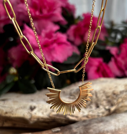 18ct Gold Plated Sunburst Pendant Double Chain Necklace    