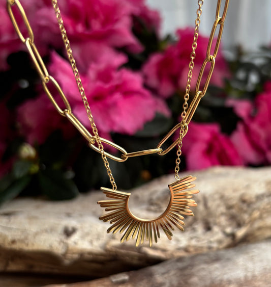 18ct Gold Plated Sunburst Pendant Double Chain Necklace    