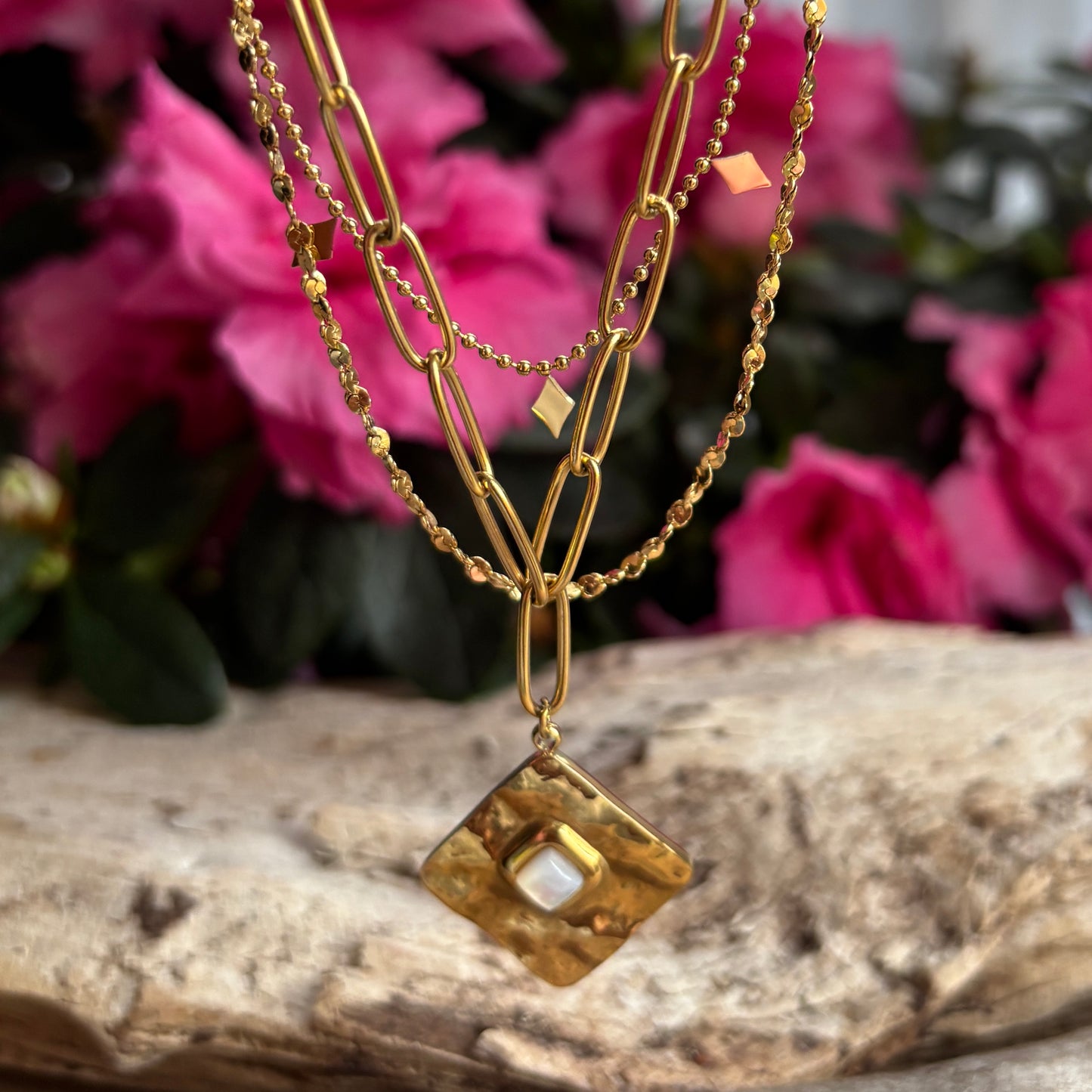 18ct Gold Plated Mother Of Pearl Square Pendant Necklace    