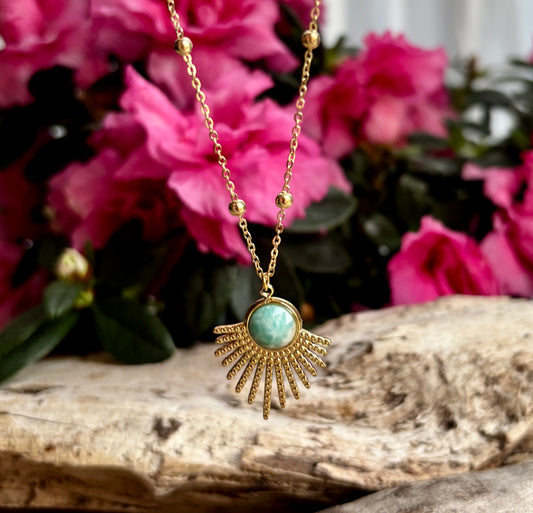 18ct Gold Plated Amazonite Feather Pendant Necklace  