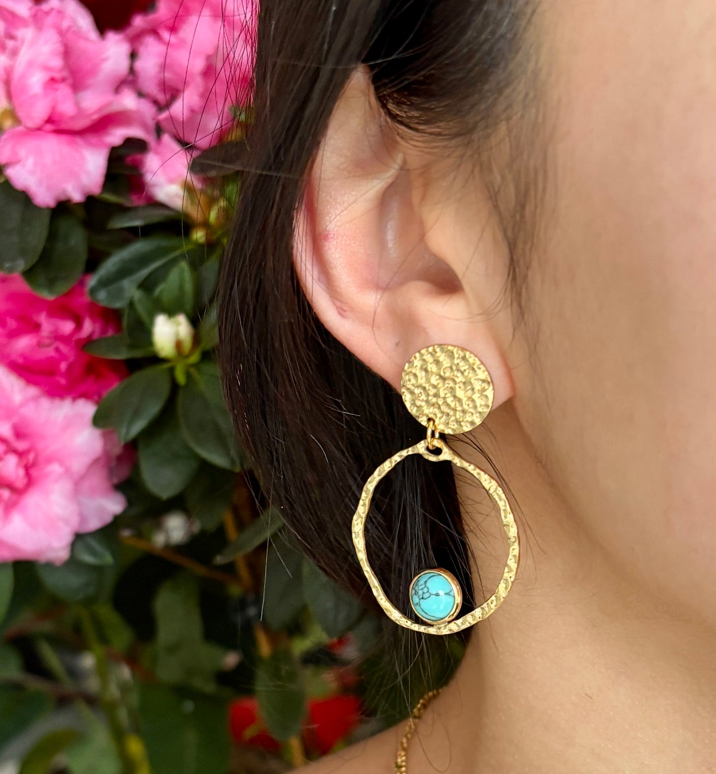 18ct Gold Plated Hammered Hoop Turquoise Earrings