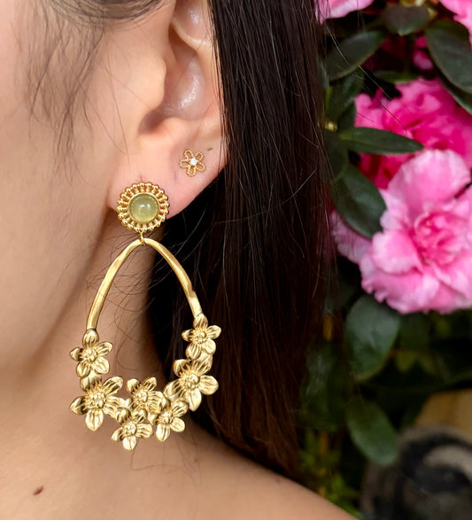 18ct Gold Plated Green Aventurine Flower Hoop Earrings  