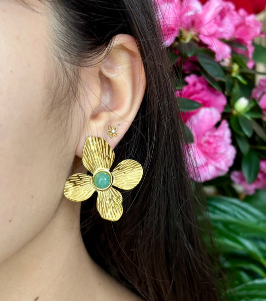 18ct Gold Plated Green Aventurine Flower Earrings  
