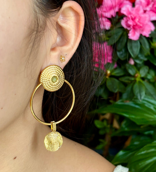 18ct Gold Plated Green Aventurine Statement Hoop Earrings   