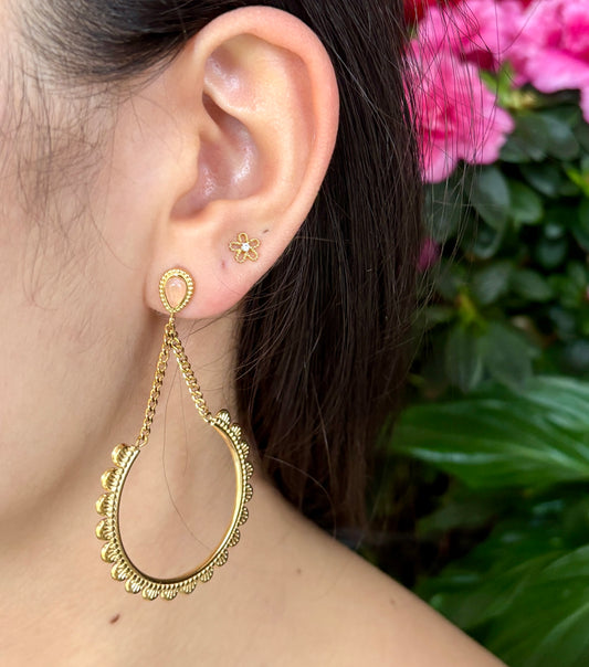 18ct Gold Plated Pink Cats Eye Lace Trim Earrings   