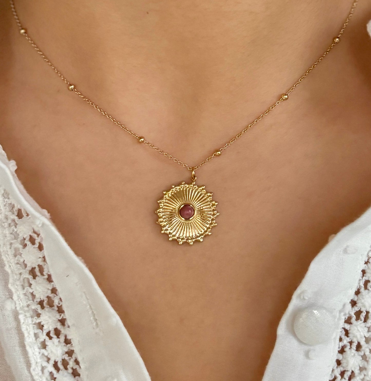 18ct Gold Plated Rhodochrosite Sun Pendant Necklace   