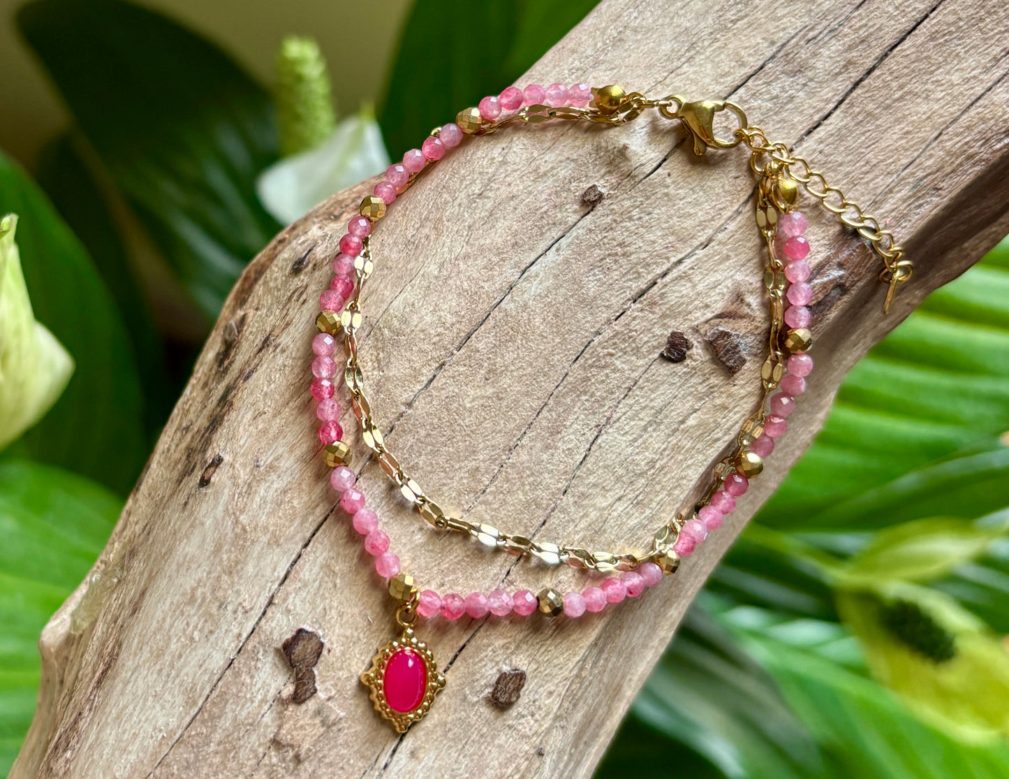 18ct Gold Plated Pink Quartz Beads Gold Chain Bracelet