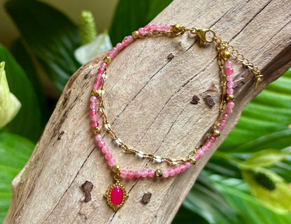 18ct Gold Plated Pink Quartz Beads Gold Chain Bracelet