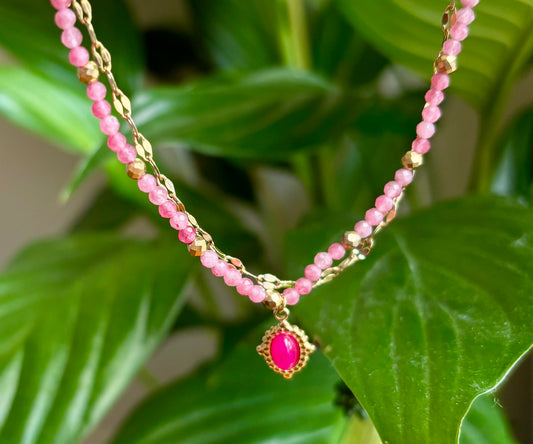 18ct Gold Plated Pink Quartz Beads Gold Chain Bracelet