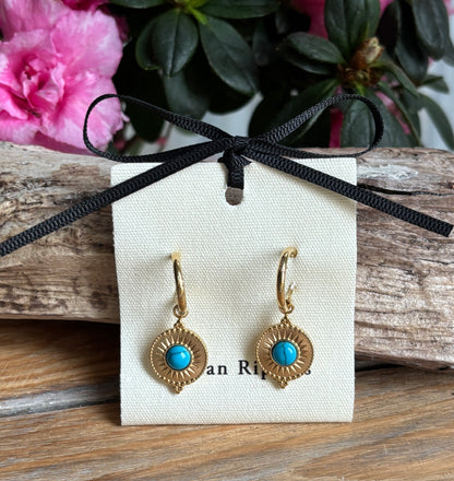 18ct Gold Plated Turquoise Sun Disc Huggie Earrings