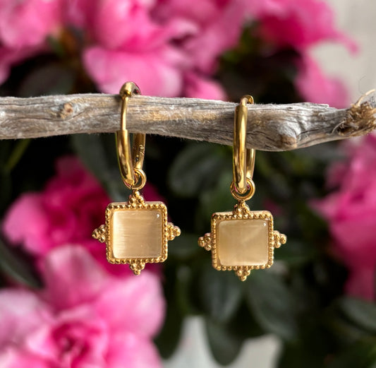18ct Gold Plated Clear Quartz Square Drop Earrings