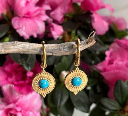 18ct Gold Plated Turquoise Sun Disc Huggie Earrings
