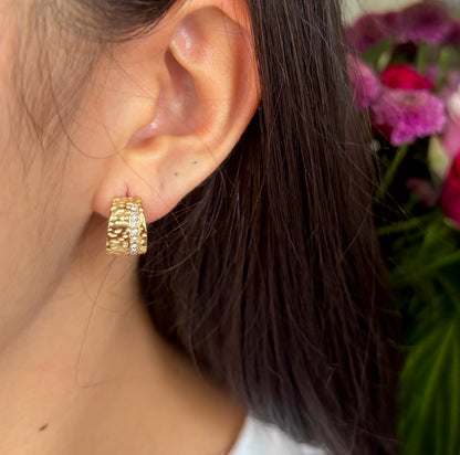18ct Gold Plated Cubic Zirconia Hammered Earrings - Available in Silver