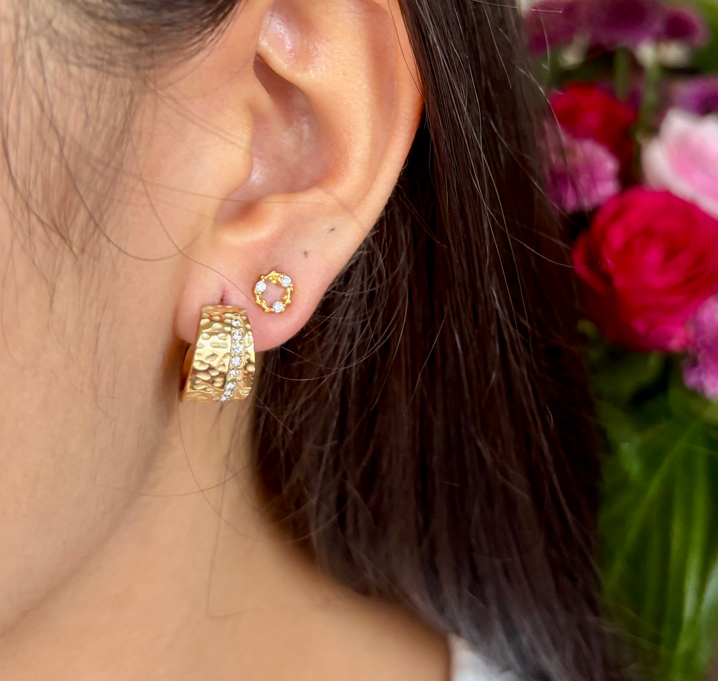 18ct Gold Plated Cubic Zirconia Hammered Earrings - Available in Silver