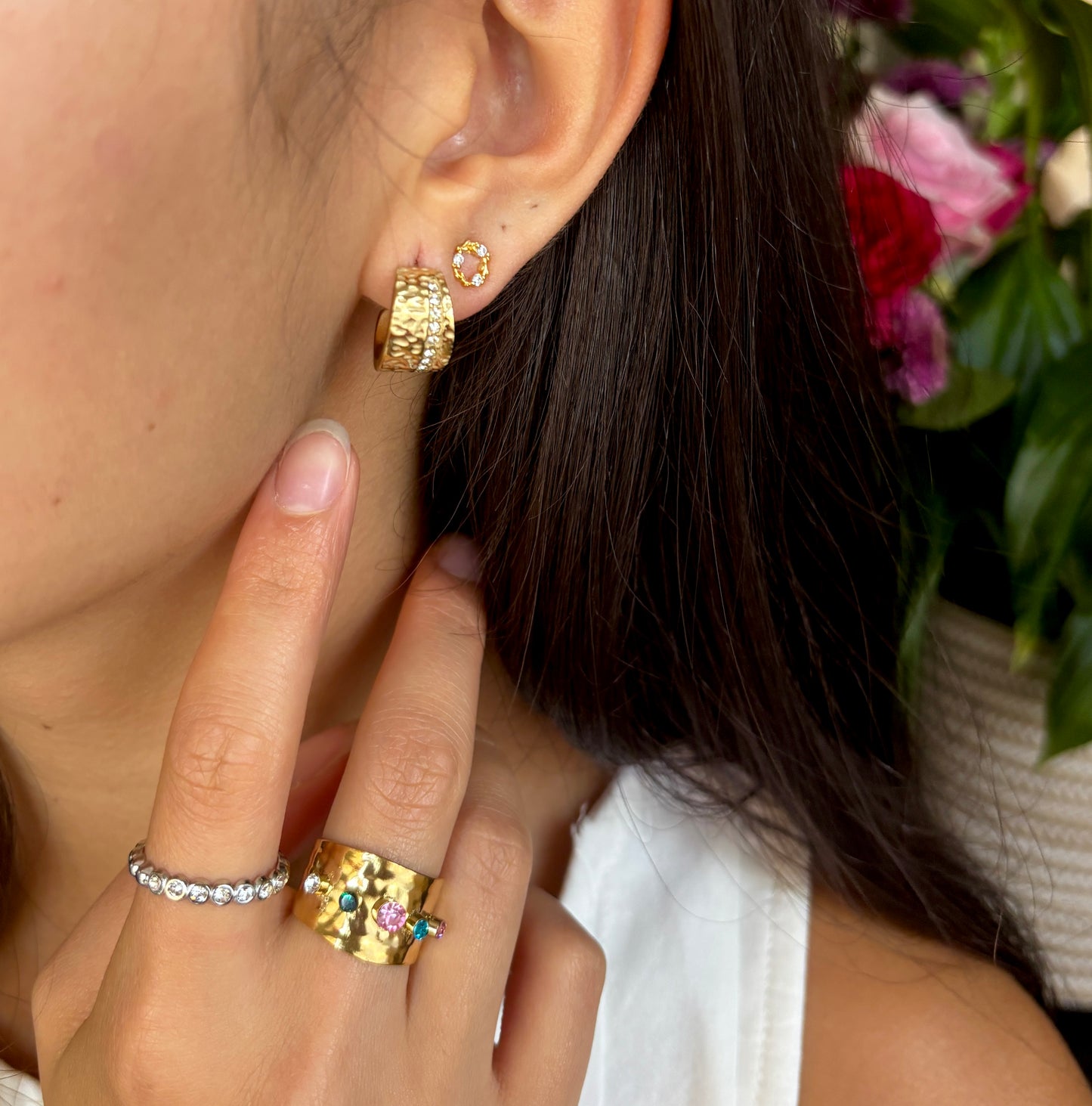 18ct Gold Plated Cubic Zirconia Hammered Earrings - Available in Silver