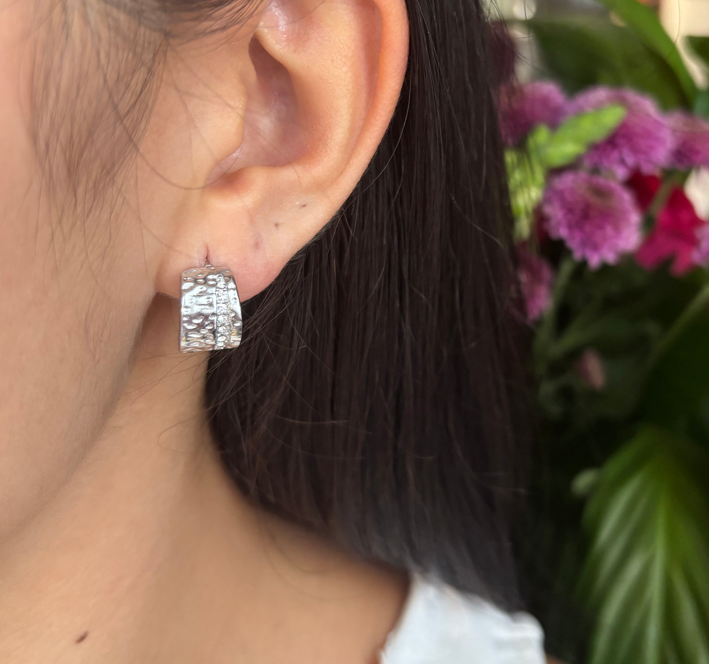 18ct Gold Plated Cubic Zirconia Hammered Earrings - Available in Silver