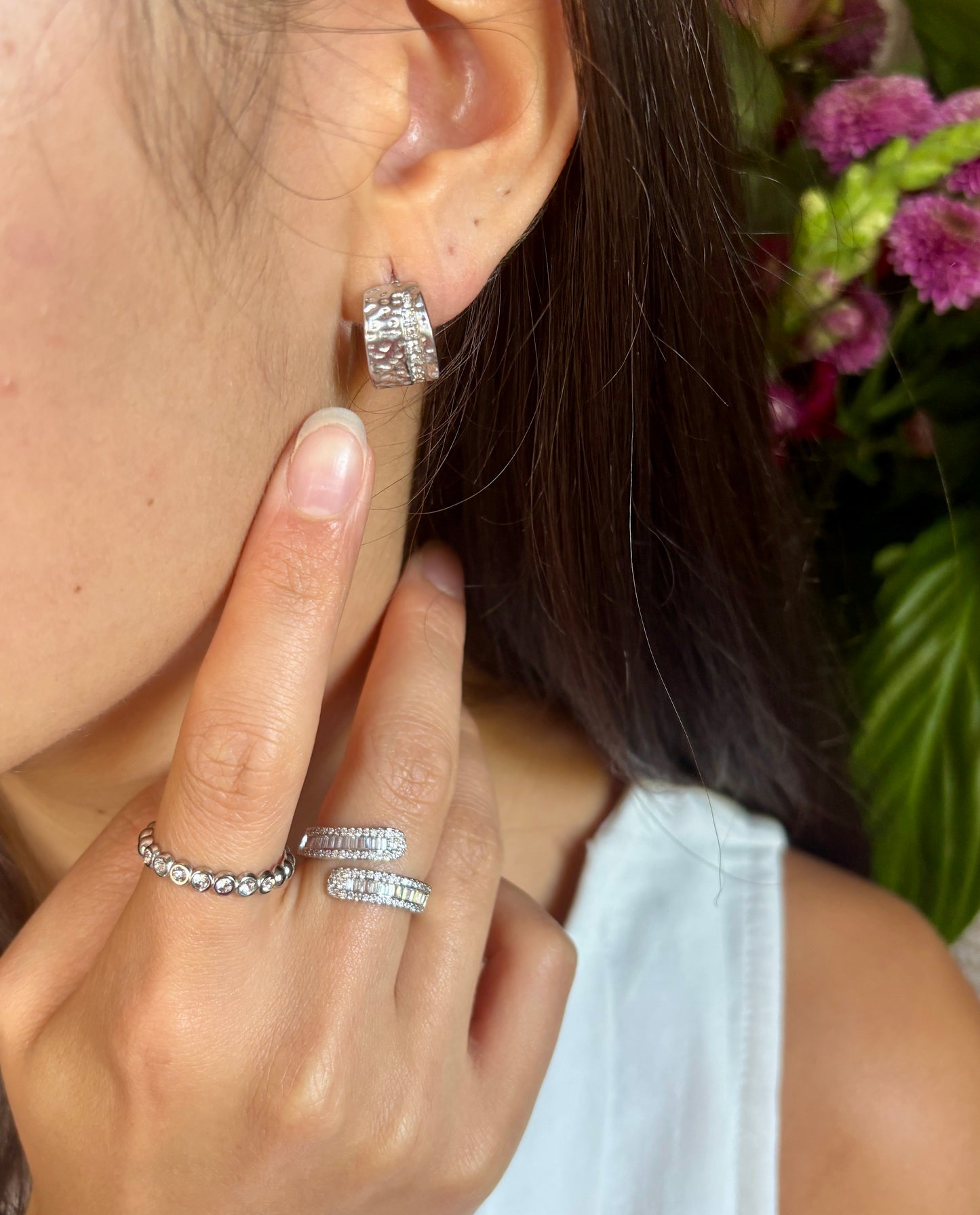 18ct Gold Plated Cubic Zirconia Hammered Earrings - Available in Silver