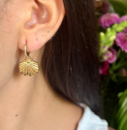 18ct Gold Plated Cubic Zirconia Shell Huggie Earrings