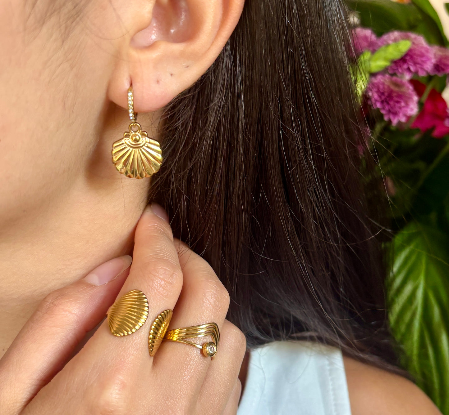 18ct Gold Plated Cubic Zirconia Shell Huggie Earrings