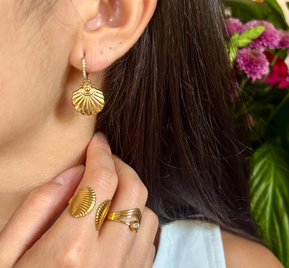 18ct Gold Plated Cubic Zirconia Shell Huggie Earrings
