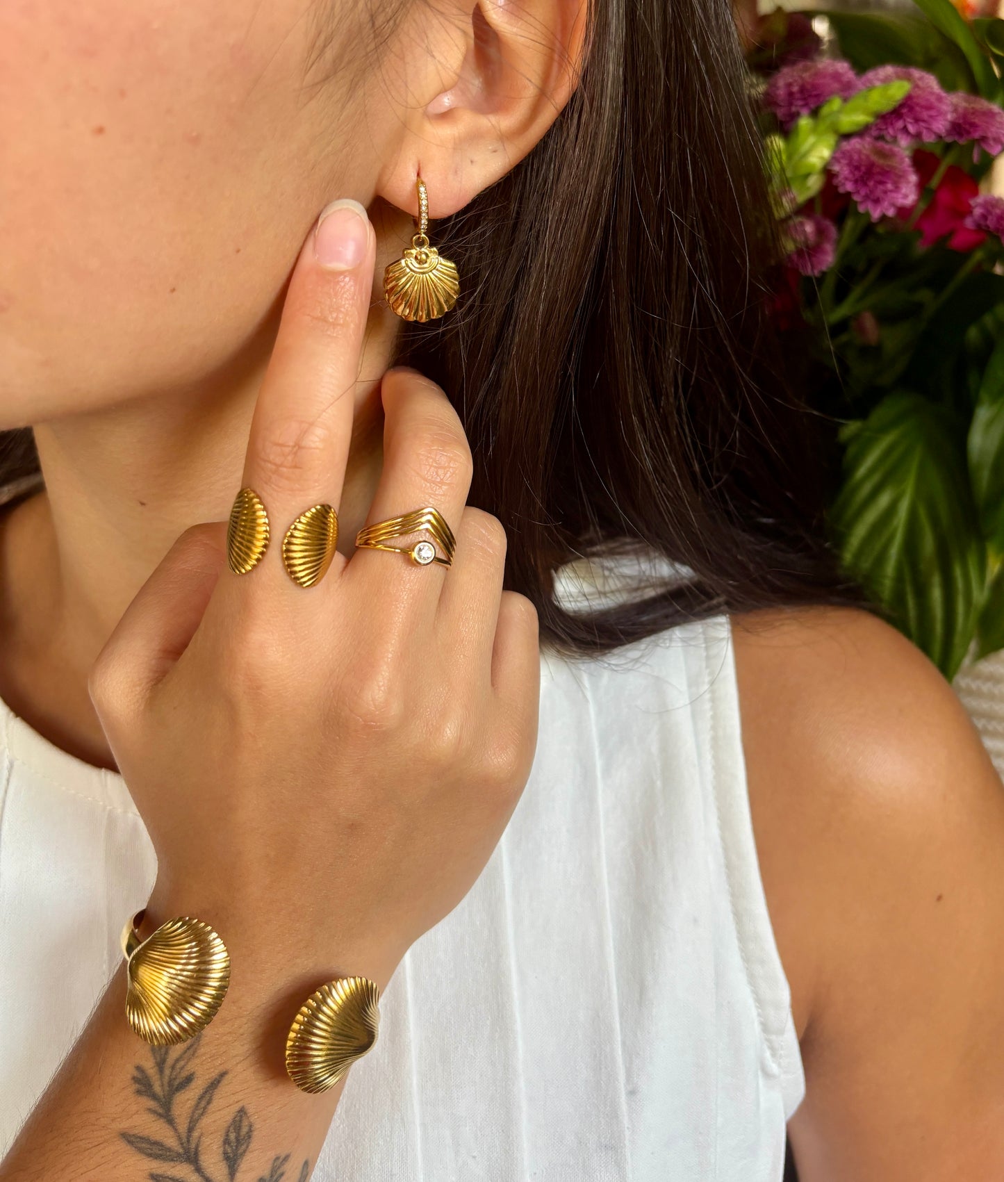 18ct Gold Plated Cubic Zirconia Shell Huggie Earrings