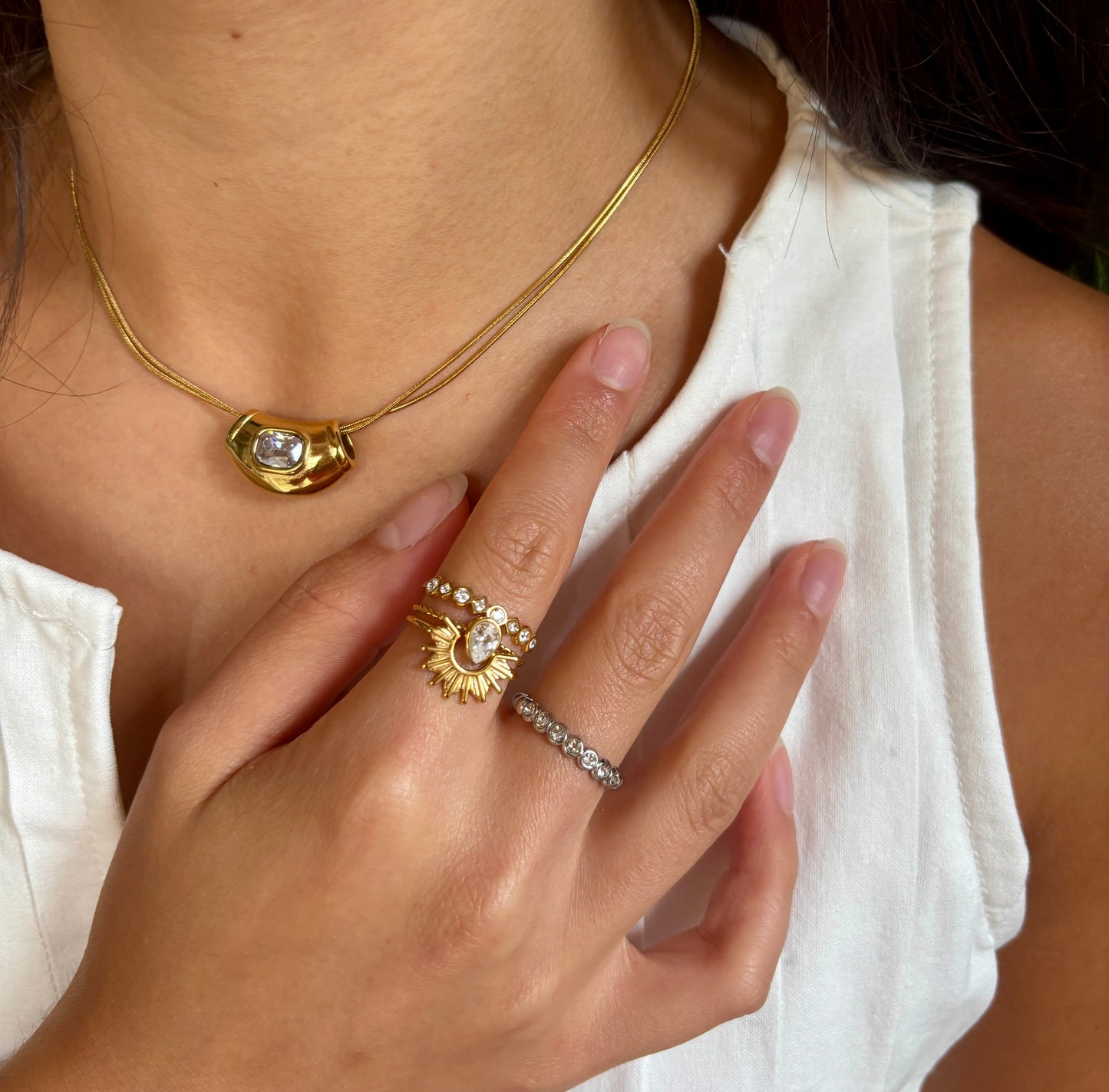 18ct Gold Plated Cubic Zirconia Sun & Drop Stacking Ring Set