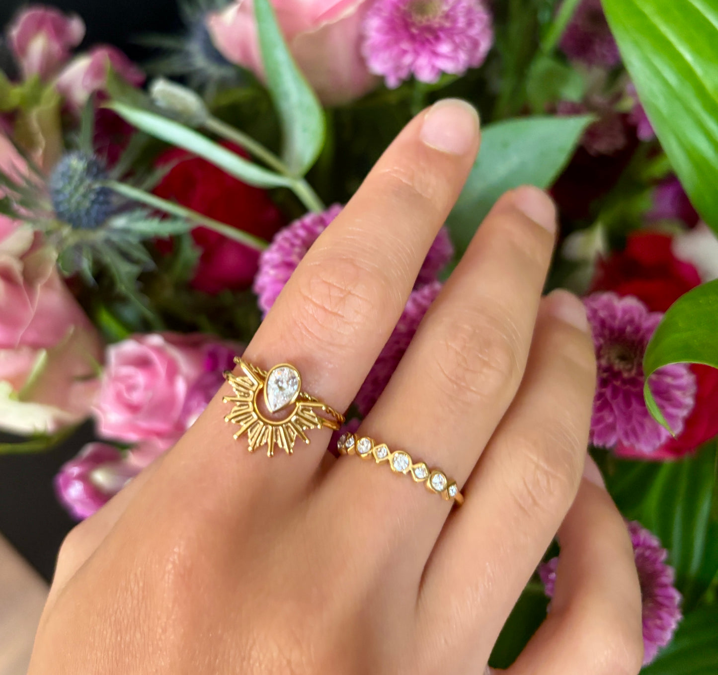 18ct Gold Plated Cubic Zirconia Sun & Drop Stacking Ring Set