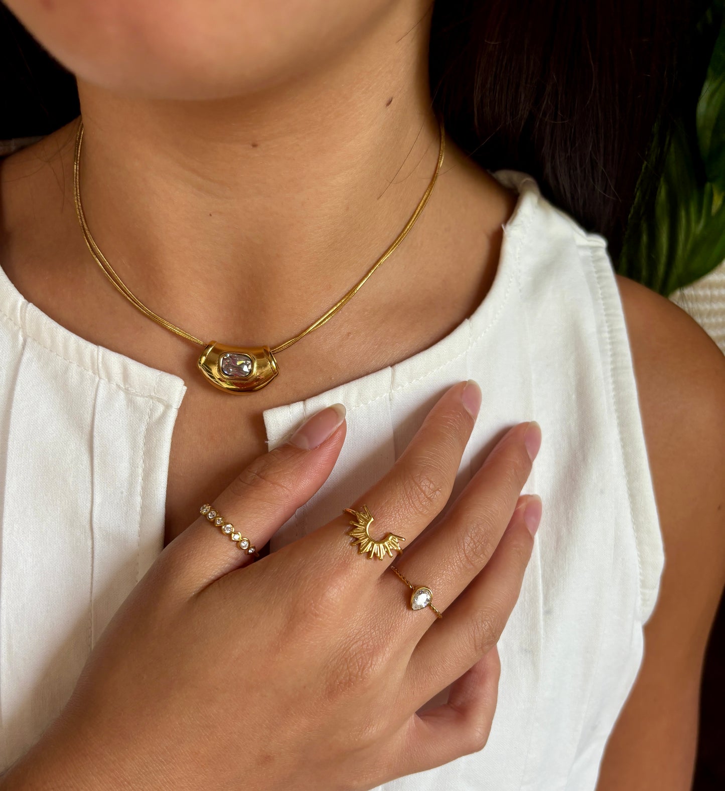 18ct Gold Plated Cubic Zirconia Sun & Drop Stacking Ring Set