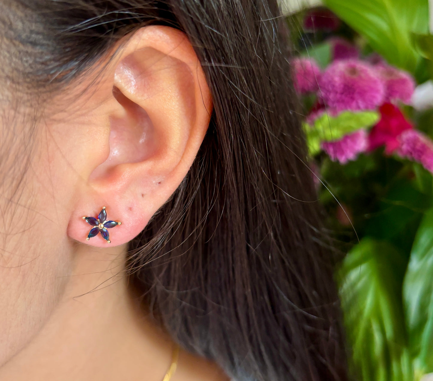 14ct Gold Plated Blue Cubic Zirconia Flower Stud Earrings