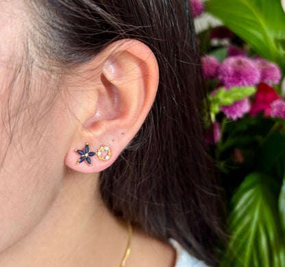 14ct Gold Plated Blue Cubic Zirconia Flower Stud Earrings