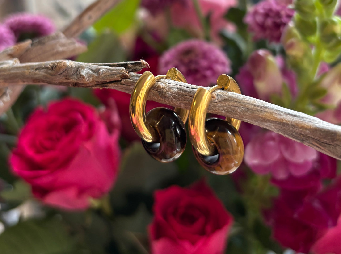 18ct Gold Plated Tiger's Eye Doughnut Hoop Earrings
