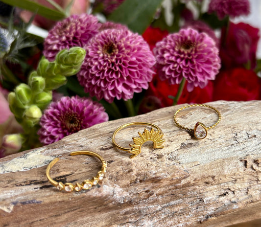 18ct Gold Plated Cubic Zirconia Sun & Drop Stacking Ring Set