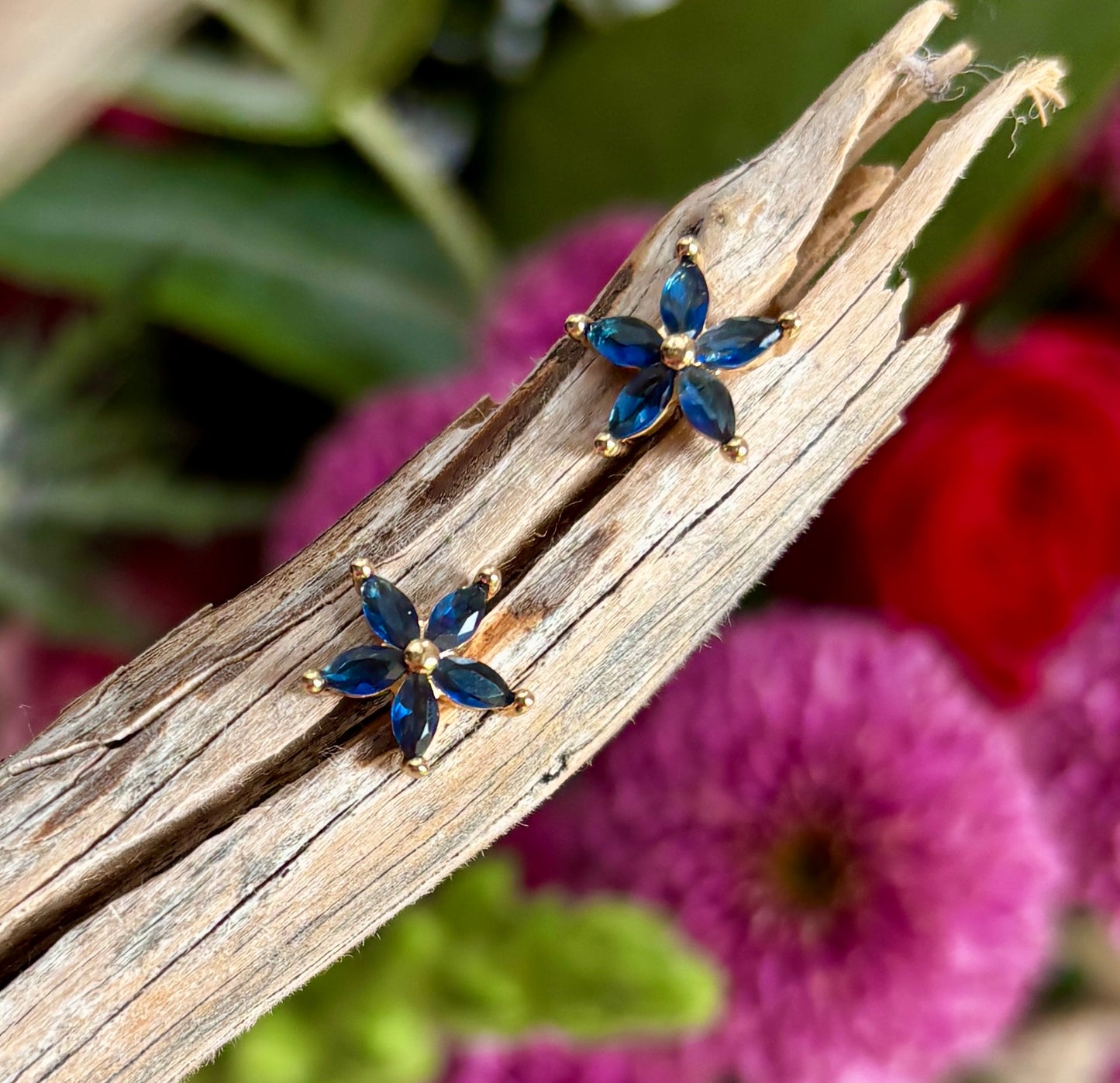 14ct Gold Plated Blue Cubic Zirconia Flower Stud Earrings