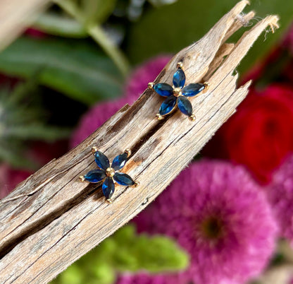 14ct Gold Plated Blue Cubic Zirconia Flower Stud Earrings