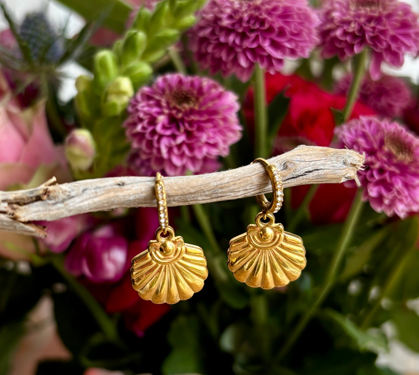 18ct Gold Plated Cubic Zirconia Shell Huggie Earrings