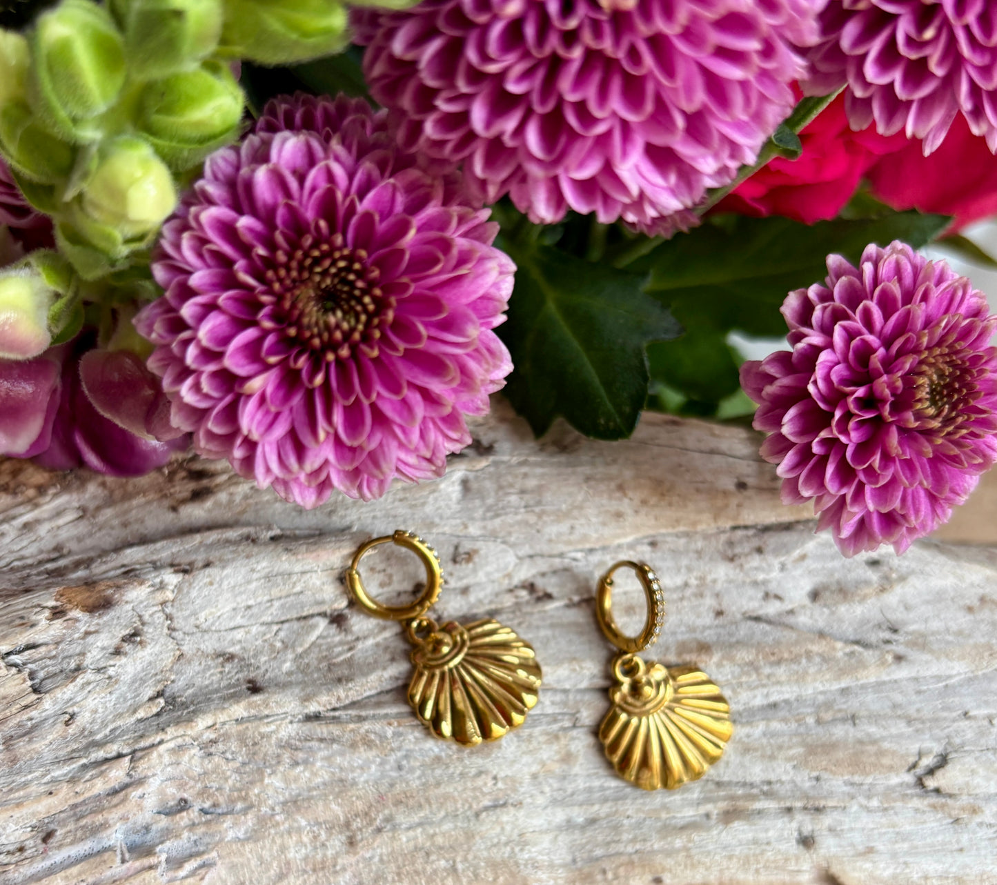 18ct Gold Plated Cubic Zirconia Shell Huggie Earrings