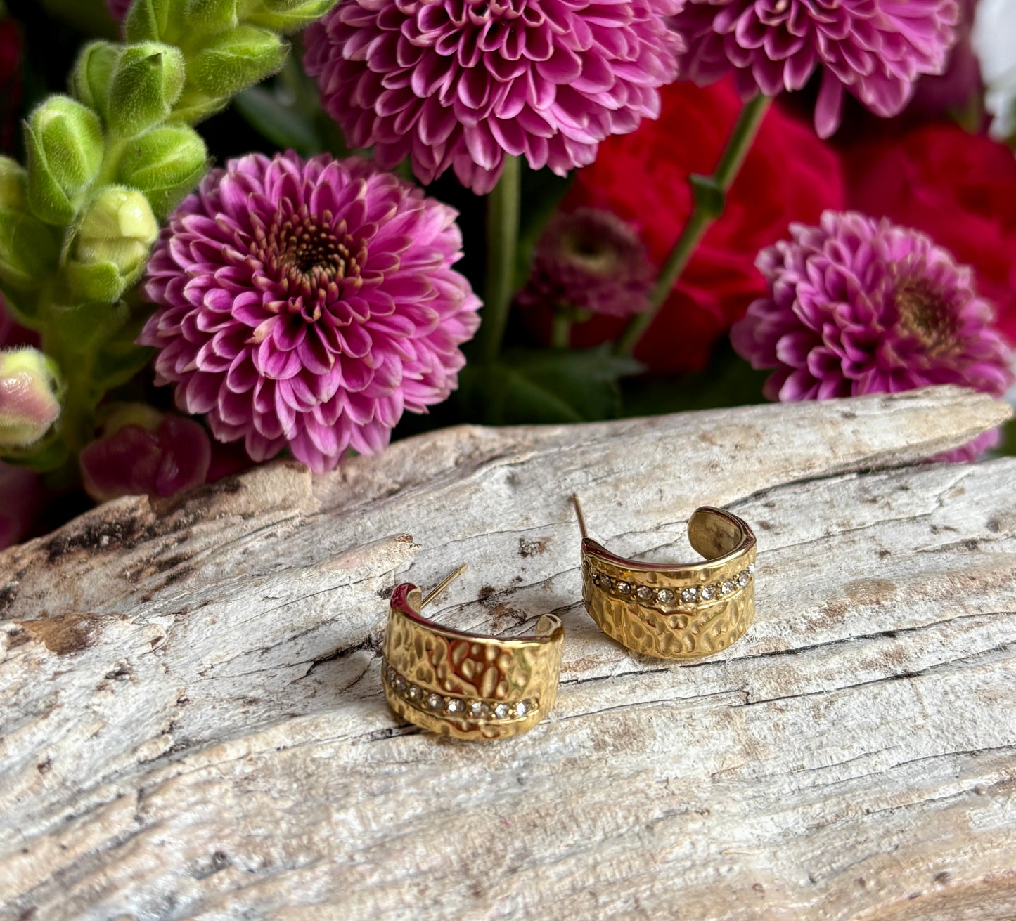 18ct Gold Plated Cubic Zirconia Hammered Earrings - Available in Silver