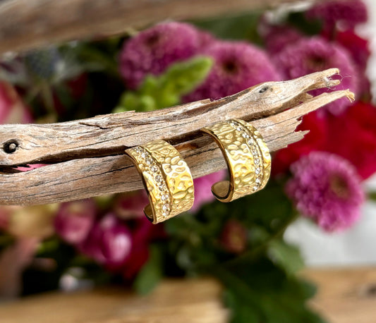 18ct Gold Plated Cubic Zirconia Hammered Earrings - Available in Silver