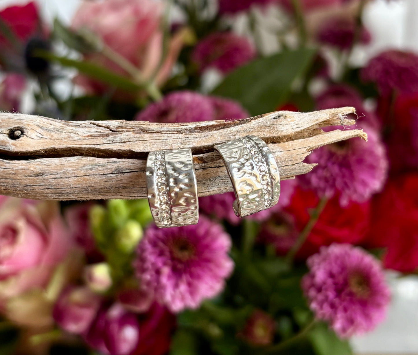 18ct Gold Plated Cubic Zirconia Hammered Earrings - Available in Silver