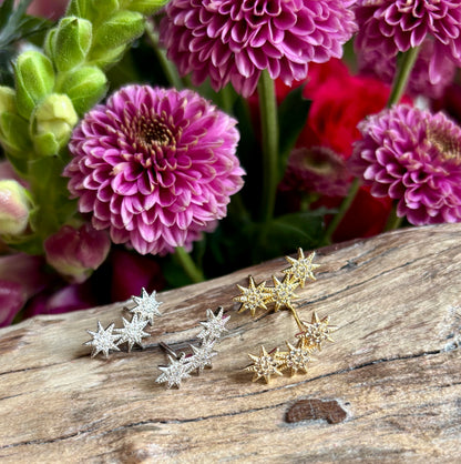 14ct Gold Plated Cubic Zirconia Triple Stars Climber Earrings - Available in Silver